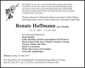 Traueranzeige von Renate Hoffmann von Ostthüringer Zeitung, Thüringische Landeszeitung