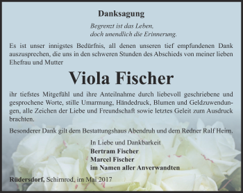 Traueranzeige von Viola Fischer von Ostthüringer Zeitung