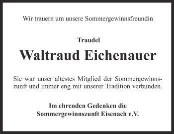 Traueranzeige von Waltraud Eichenauer von Thüringer Allgemeine, Thüringische Landeszeitung
