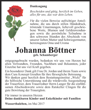 Traueranzeige von Johanna Böttner von Thüringer Allgemeine