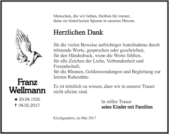Traueranzeige von Franz Wellmann von Thüringer Allgemeine