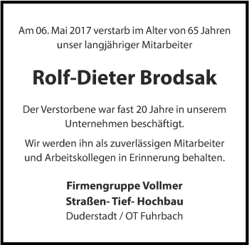 Traueranzeige von Rolf-Dieter Brodsak von Thüringer Allgemeine