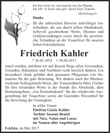 Traueranzeige von Friedrich Kahler von Thüringer Allgemeine, Thüringische Landeszeitung