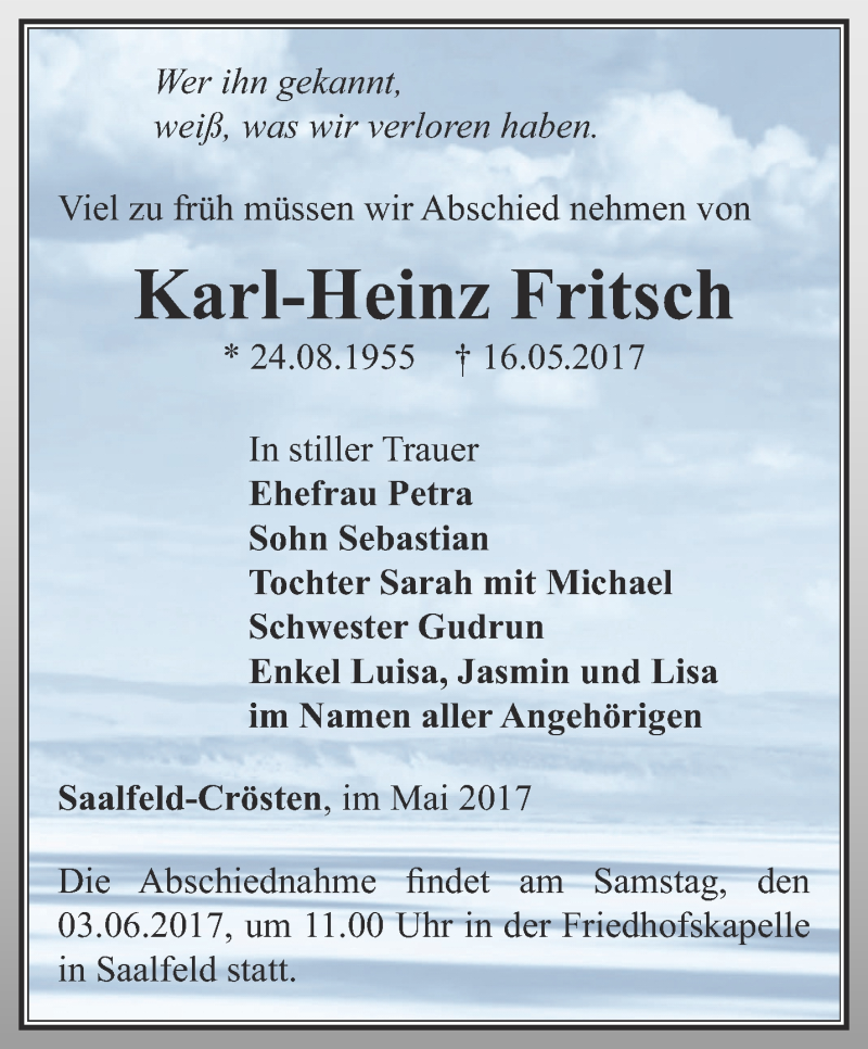  Traueranzeige für Karl-Heinz Fritsch vom 27.05.2017 aus Ostthüringer Zeitung