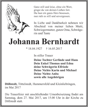 Traueranzeige von Johanna Bernhardt von Thüringer Allgemeine