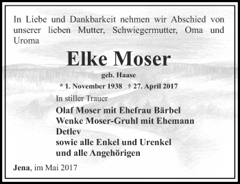 Traueranzeige von Elke Moser von Ostthüringer Zeitung, Thüringische Landeszeitung