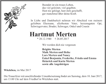 Traueranzeige von Hartmut Merten von Thüringer Allgemeine