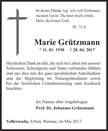 Traueranzeige von Marie Grützmann von Ostthüringer Zeitung, Thüringische Landeszeitung