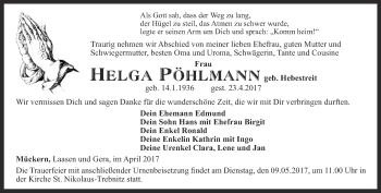 Traueranzeige von Helga Pöhlmann von Ostthüringer Zeitung