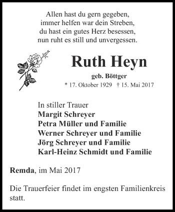 Traueranzeige von Ruth Heyn von Ostthüringer Zeitung