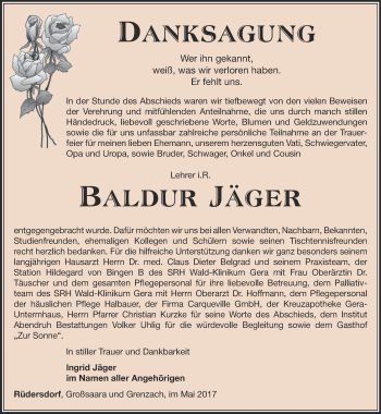 Traueranzeige von Baldur Jäger von Ostthüringer Zeitung