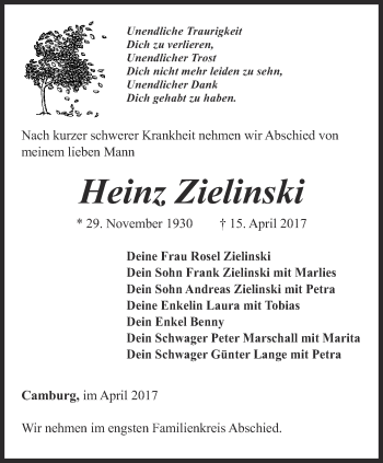 Traueranzeige von Heinz Zielinski von Ostthüringer Zeitung, Thüringische Landeszeitung