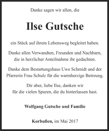 Traueranzeige von Ilse Gutsche von Ostthüringer Zeitung