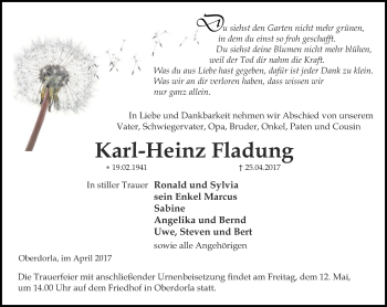 Traueranzeige von Karl-Heinz Fladung von Thüringer Allgemeine, Thüringische Landeszeitung