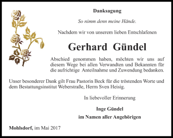 Traueranzeige von Gerhard Gündel von Ostthüringer Zeitung