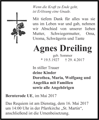 Traueranzeige von Agnes Dreiling von Thüringer Allgemeine