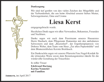 Traueranzeige von Liesa Kerst von Thüringer Allgemeine, Thüringische Landeszeitung