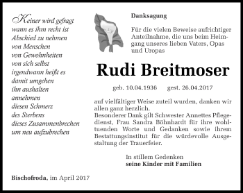 Traueranzeige von Rudi Breitmoser von Thüringer Allgemeine, Thüringische Landeszeitung