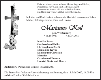 Traueranzeige von Marianne Keil von Ostthüringer Zeitung