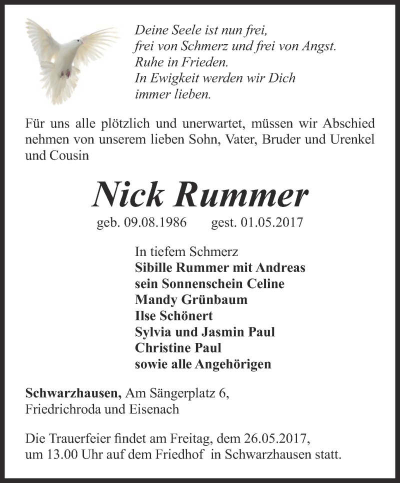  Traueranzeige für Nick Rummer vom 23.05.2017 aus Ostthüringer Zeitung, Thüringische Landeszeitung