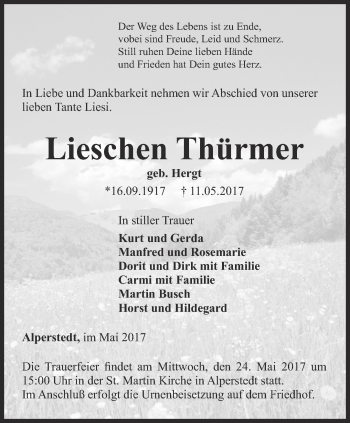 Traueranzeige von Lieschen Thürmer von Thüringer Allgemeine, Thüringische Landeszeitung