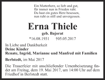 Traueranzeige von Erna Thiele von Thüringer Allgemeine, Thüringische Landeszeitung