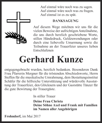 Traueranzeige von Gerhard Kunze von Thüringer Allgemeine