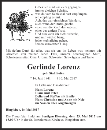 Traueranzeige von Gerlinde Lorenz von Thüringer Allgemeine, Thüringische Landeszeitung