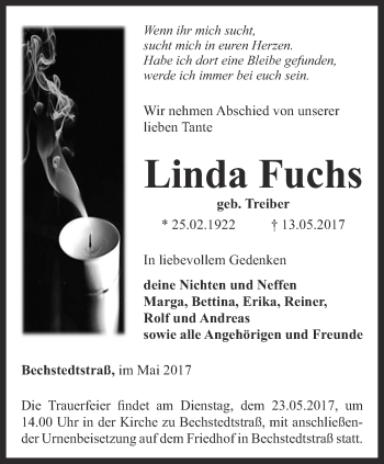 Traueranzeige von Linda Fuchs von Thüringer Allgemeine, Thüringische Landeszeitung