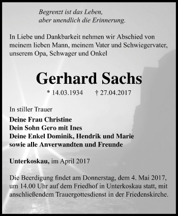 Traueranzeige von Gerhard Sachs von Ostthüringer Zeitung