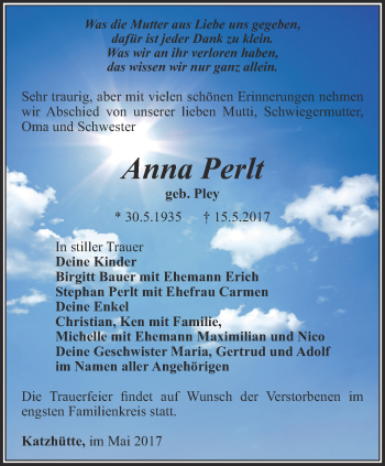 Traueranzeige von Anna Perlt von Ostthüringer Zeitung