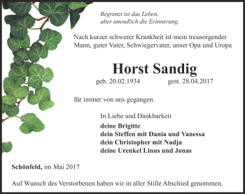 Traueranzeige von Horst Sandig von Ostthüringer Zeitung