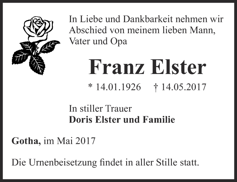  Traueranzeige für Franz Elster vom 18.05.2017 aus Ostthüringer Zeitung, Thüringische Landeszeitung