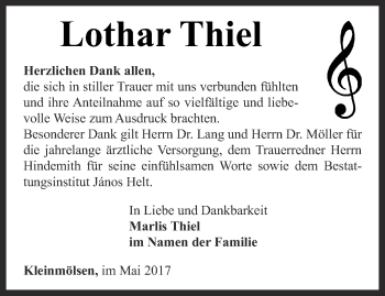 Traueranzeige von Lothar Thiel von Thüringer Allgemeine, Thüringische Landeszeitung