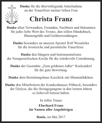 Traueranzeige von Christa Franz von Ostthüringer Zeitung