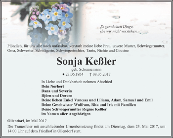 Traueranzeige von Sonja Keßler von Thüringer Allgemeine, Thüringische Landeszeitung