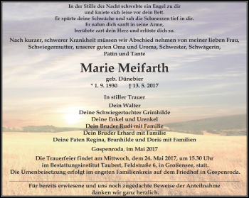 Traueranzeige von Marie Meifarth von Thüringer Allgemeine, Thüringische Landeszeitung