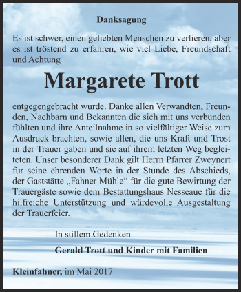 Traueranzeige von Margarete Trott von Thüringer Allgemeine, Thüringische Landeszeitung