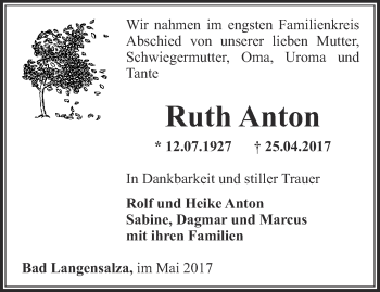 Traueranzeige von Ruth Anton von Thüringer Allgemeine, Thüringische Landeszeitung