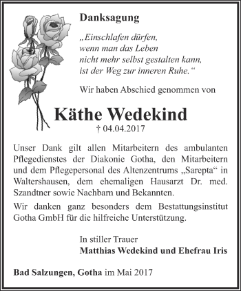 Traueranzeige von Käthe Wedekind von Ostthüringer Zeitung, Thüringische Landeszeitung