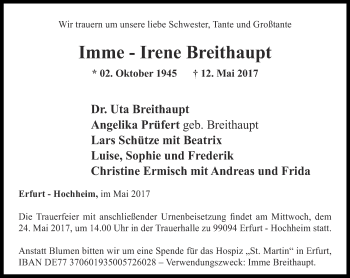 Traueranzeige von Imme-Irene Breithaupt von Thüringer Allgemeine, Thüringische Landeszeitung