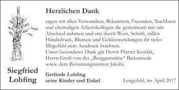 Traueranzeige von Siegfried Lohfing von Thüringer Allgemeine, Thüringische Landeszeitung