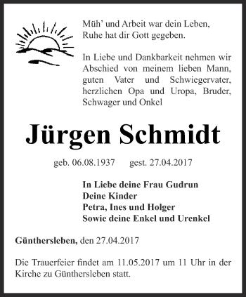 Traueranzeige von Jürgen Schmidt von Ostthüringer Zeitung, Thüringische Landeszeitung