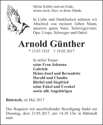 Traueranzeige von Arnold Günther von Thüringer Allgemeine