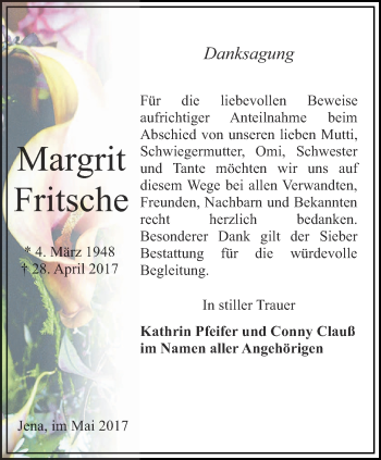 Traueranzeige von Margrit Fritsche von Ostthüringer Zeitung, Thüringische Landeszeitung