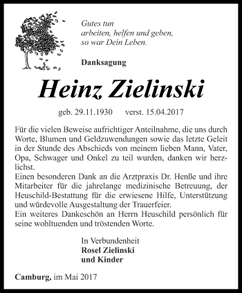 Traueranzeige von Heinz Zielinski von Ostthüringer Zeitung, Thüringische Landeszeitung