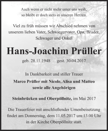 Traueranzeige von Hans-Joachim Prüller von Ostthüringer Zeitung