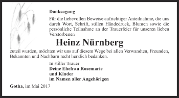 Traueranzeige von Heinz Nürnberg von Ostthüringer Zeitung, Thüringische Landeszeitung