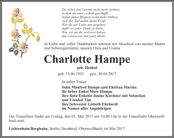 Traueranzeige von Charlotte Hampe von Ostthüringer Zeitung