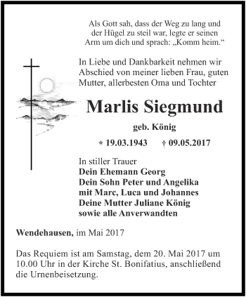 Traueranzeige von Marlis Siegmund von Thüringer Allgemeine, Thüringische Landeszeitung